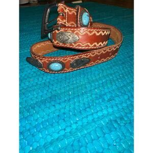 VINTAGE 80's STITCHED STUDDED LEATHER BELT W/ TURQUOISE STONES